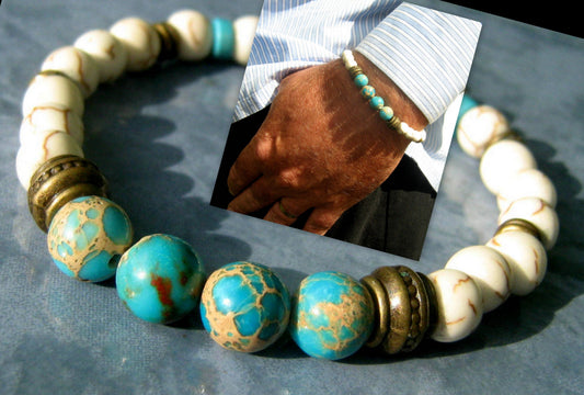 Men TURQUOISE Imperial JASPER Bracelet white Howlite, Healing stone, handmade bracelet men gift