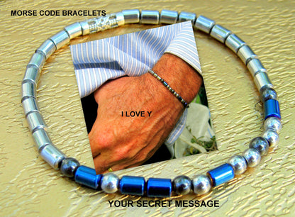 Custom MORSE CODE men/women hematite white Coral Bracelet, I love you Secret Message, Healing protection gemstone Men handmade slim bracelet Men gift