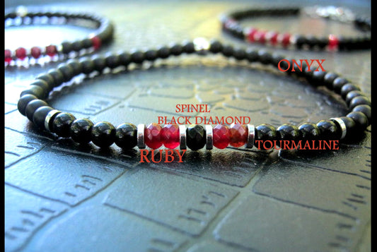 Men tiny RUBY Onyx Tourmaline Hematite Black Diamond Spinel bracelet, protection precious stone handmade slim bracelet men gift