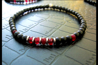 Men tiny RUBY Onyx Tourmaline Black Diamond Spinel Hematite bracelet, protection precious stone handmade slim bracelet men gift