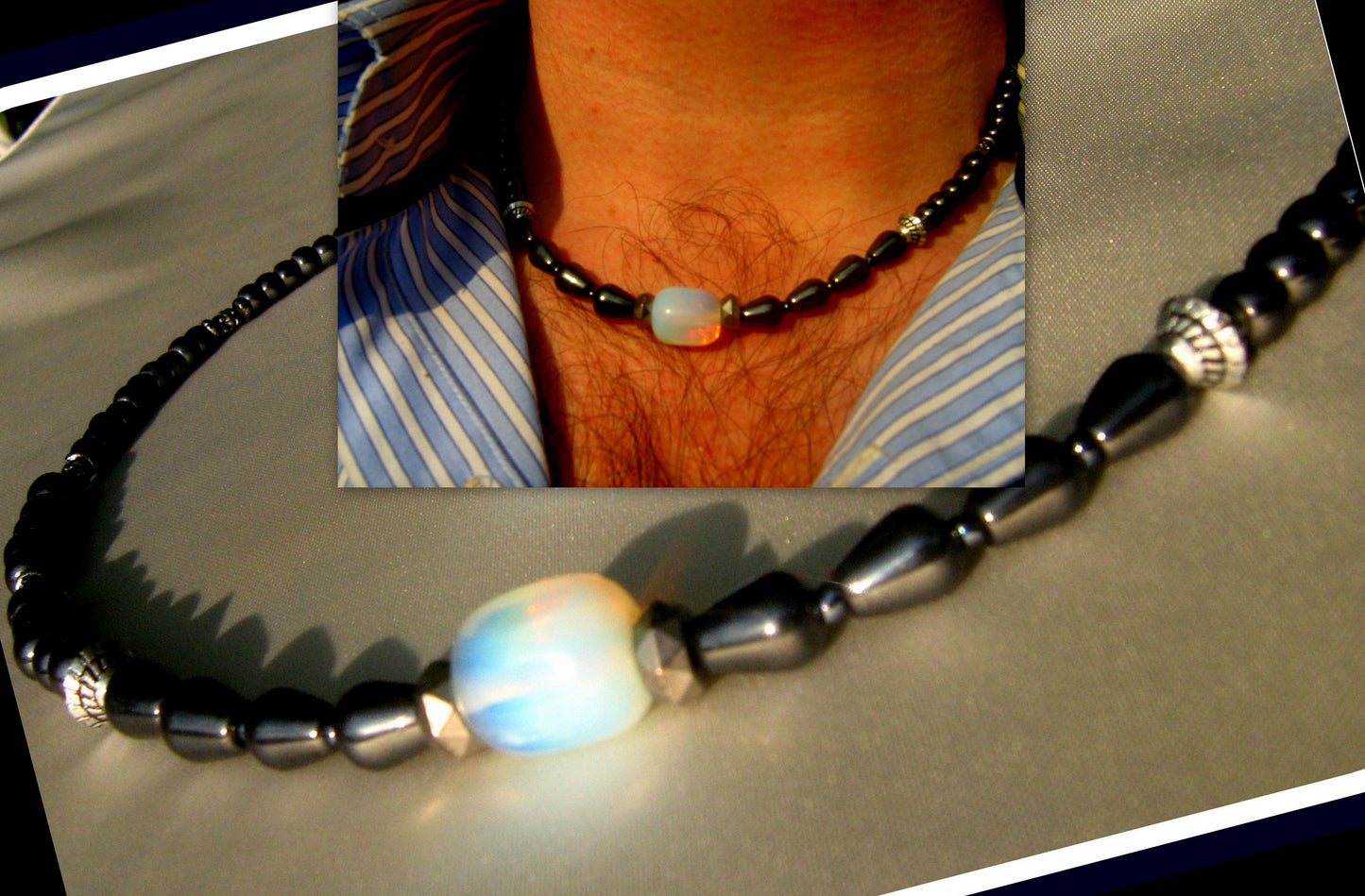 CAMELYS MAGIC 4 MEN - Men Opal Beaded NECKLACE Hematite. Protection & Healing stone Handmade necklace men gift