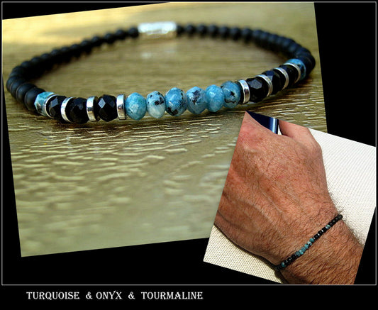 Men tiny TURQUOISE, LABRADORITE Moonstone & Sunstone Onyx Tourmaline Spinel Black Diamond bracelet, protection precious which stone handmade slim bracelet men gift