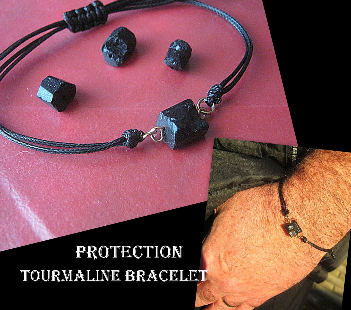 TOURMALINE raw stone men slim bracelet Cord slice knot, Protection stone, minimalist surfer Handmade bracelet Men/women/couple gift,