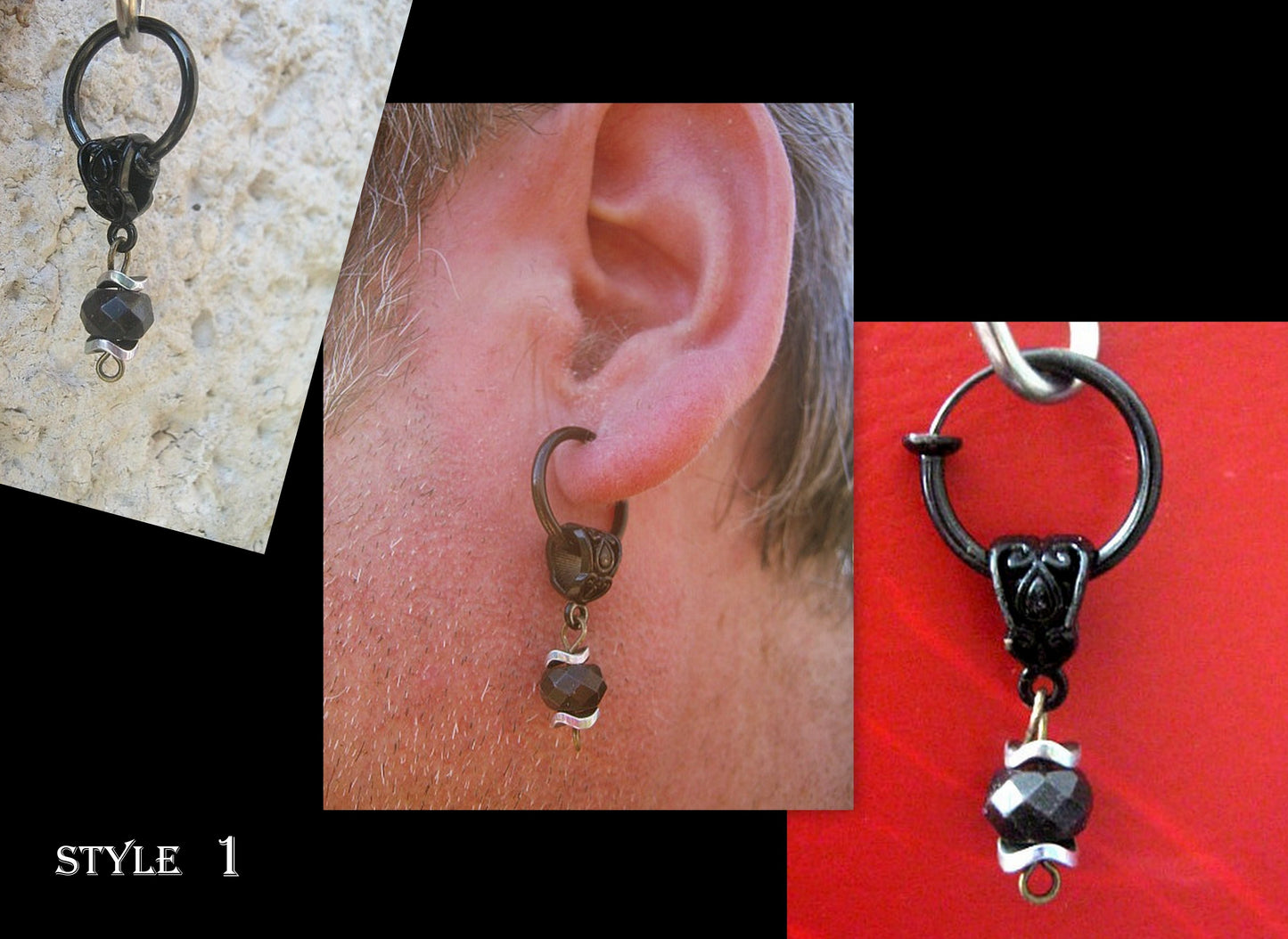 Men black ONYX Earring & AQUAMARINE stone, Dangle Hoop/ clip on , Stainless steel , Handmade earring men gift