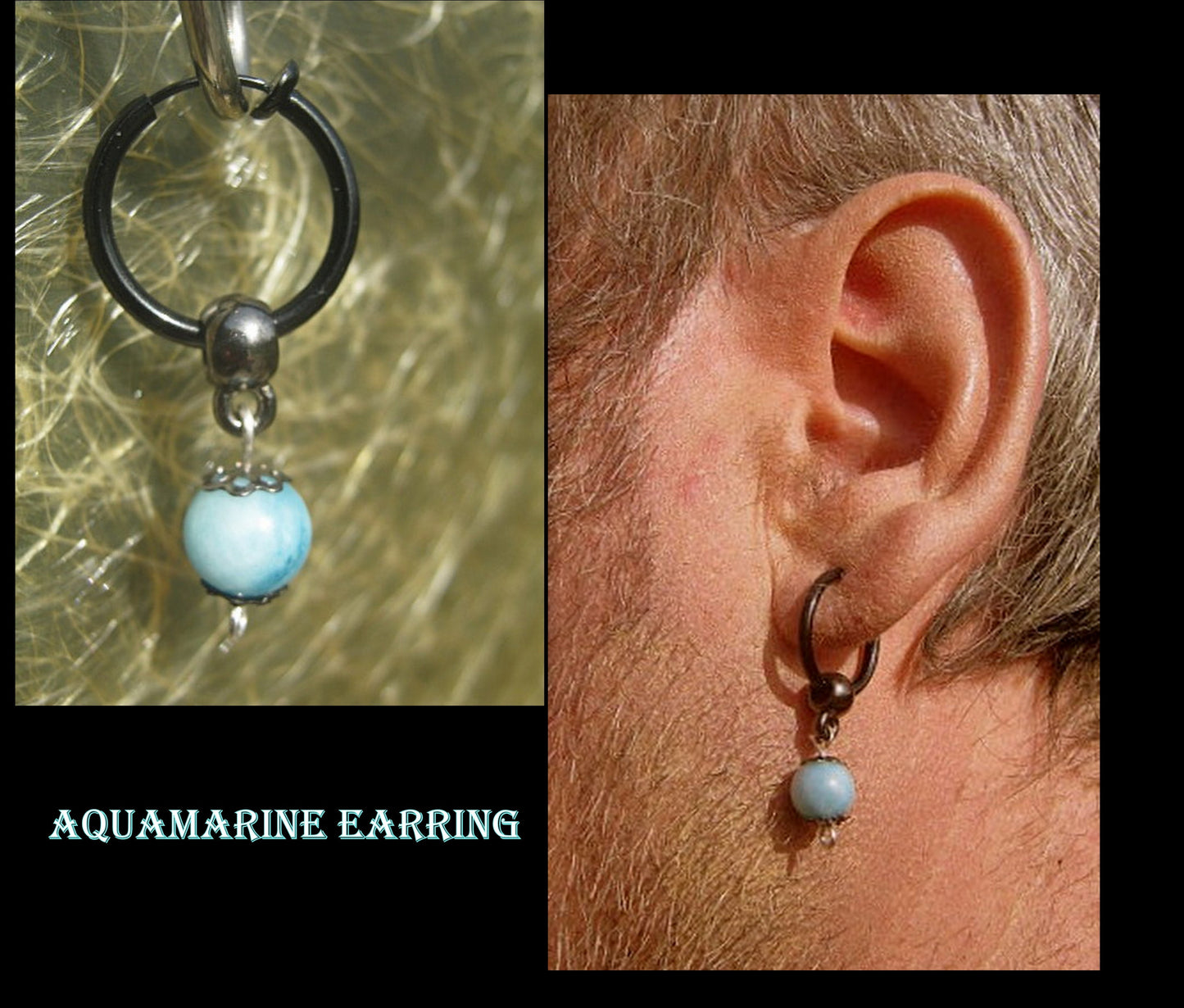 Men black ONYX Earring & AQUAMARINE stone, Dangle Hoop/ clip on , Stainless steel , Handmade earring men gift