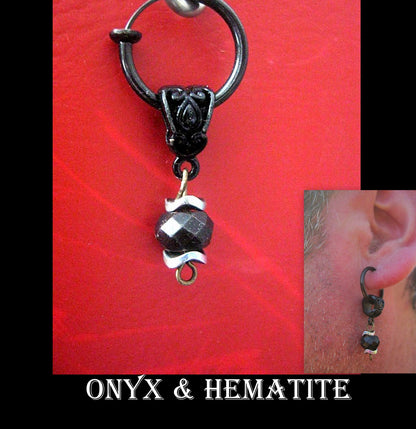 Men black ONYX Earring & AQUAMARINE stone, Dangle Hoop/ clip on , Stainless steel , Handmade earring men gift