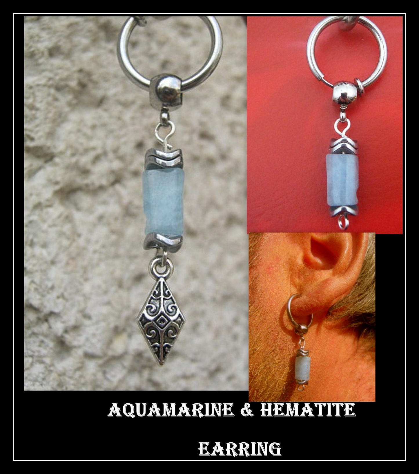 AQUAMARINE stone Hematite men Earring Hoop/ Clip on dangle unisex mono earring, Handmade earring men gift