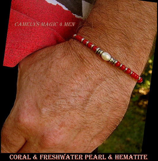 Men Bracelet Freshwater Pearl, Coral & Hematite wave, Red bracelet, Spiritual Healing surfer bracelet Men/women/couple gifthandmade bracelet