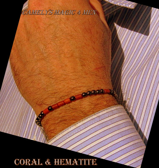 Men slim bracelet Coral, Hematite gemstone, silver unisex Bracelet, handmade slim bracelet men gift