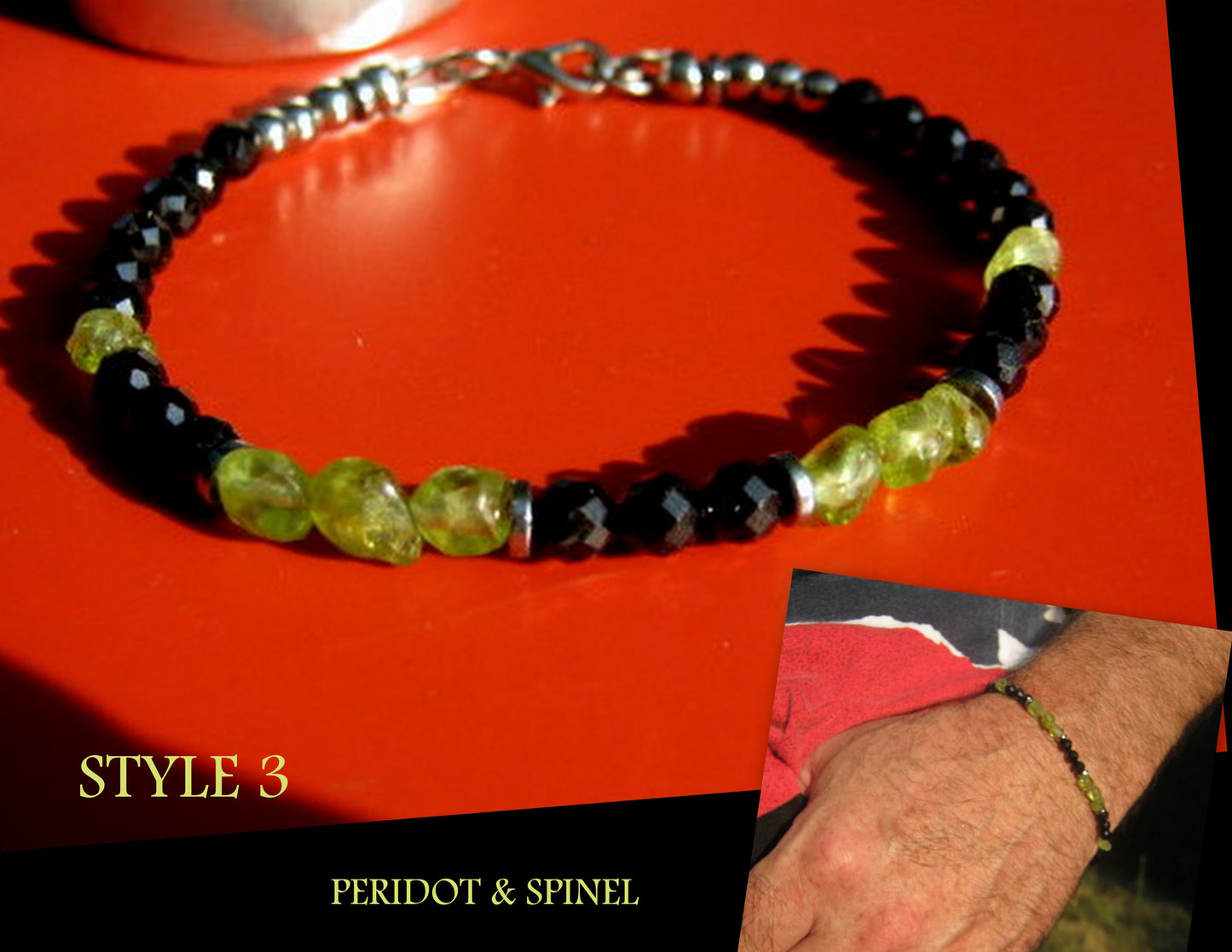 Men tiny raw PERIDOT green Black Diamond Spinel Tourmaline bracelet, protection precious stone Handmade slim bracelet men gift
