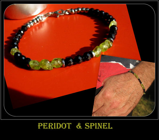 Men tiny raw PERIDOT green Black Diamond Spinel Tourmaline bracelet, protection precious stone Handmade slim bracelet men gift