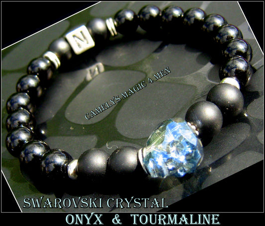 Men Swarovski SKULL custom Bracelet Tourmaline ONYX stone blue/black Skull punk bracelet, Handmade bracelet men gift