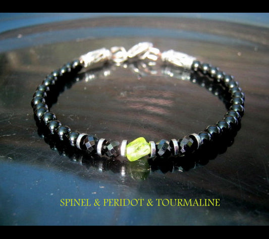 Men tiny raw PERIDOT green Black Diamond Spinel Tourmaline bracelet, protection precious stone Handmade slim bracelet men gift