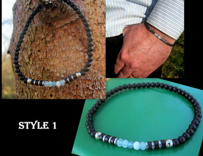 Men tiny AQUAMARINE Angelite Tourmaline Onyx  Black Diamond Spinel Hematite bracelet, protection precious stone handmade slim bracelet men gift