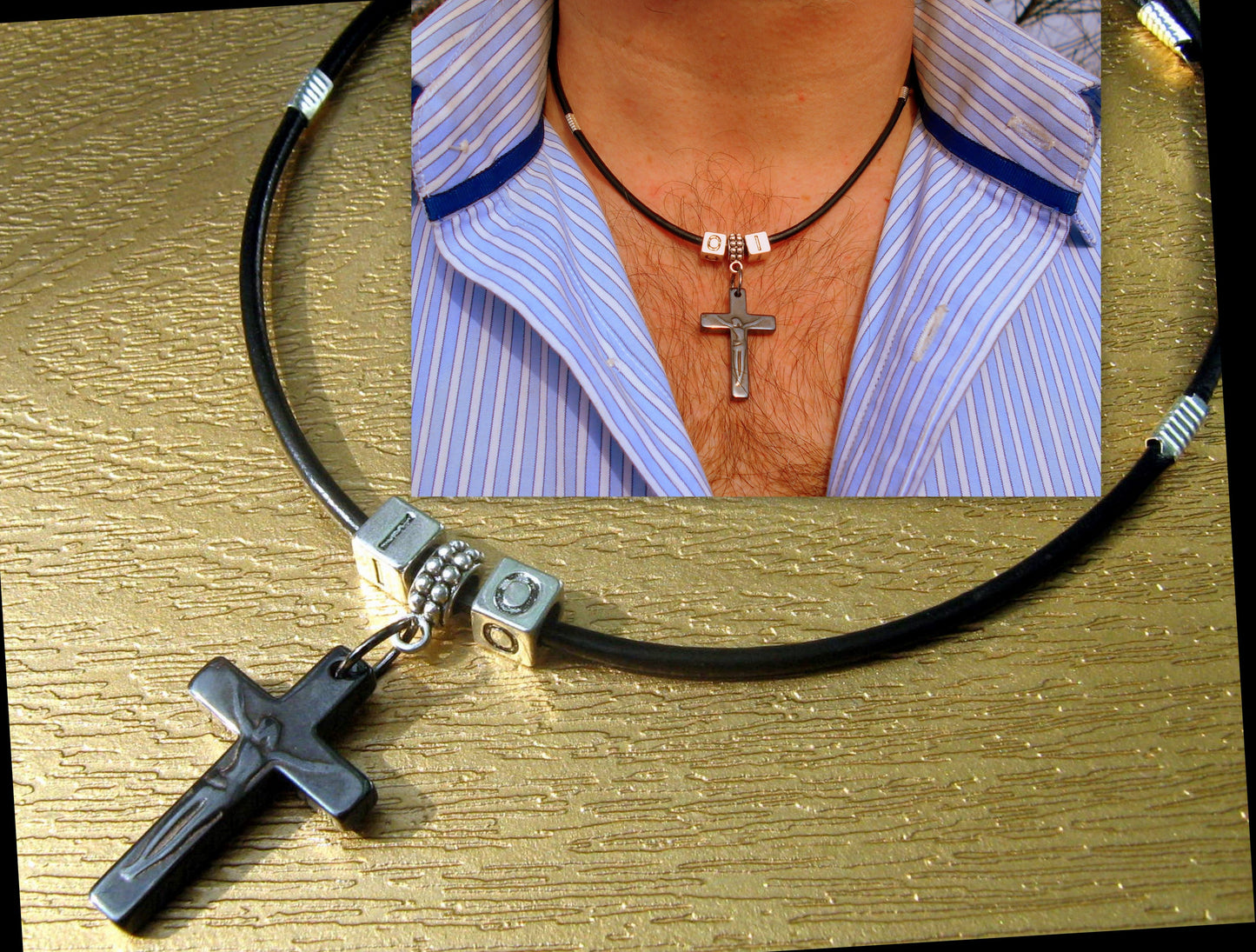 Men Hematite CROSS Pendant custom Necklace Leather. Religious protection CROSS pendant, handmade necklace Men Gift
