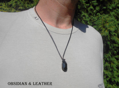 OBSIDIAN stone men pendant long Necklace EMF Protection, healing crystal, silver chain stainless steel/cord/leather handmade necklace Men /couple Gift
