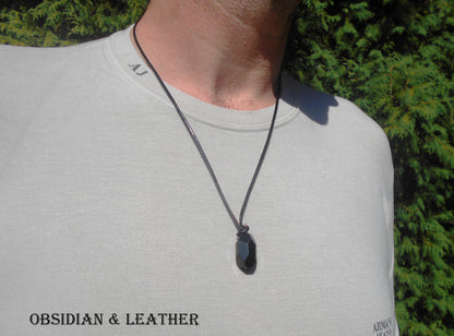 OBSIDIAN stone men pendant long Necklace EMF Protection, healing crystal, black cord/ leather/ silver chain stainless steel handmade necklace Men /couple Gift