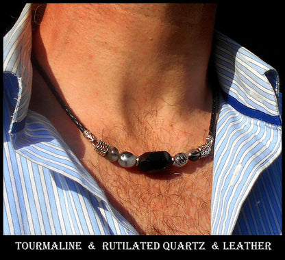 TOURMALINE Citrine Tiger Eye Rutilated quartz Lava stone men Necklace EMF Protection, healing crystal, black leather handmade necklace Men /couple Gift