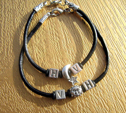 Custom Bracelets couple Sun and Moon, leather /cord long distance bracelet, Stack Handmade bracelet WITCH,couple gift
