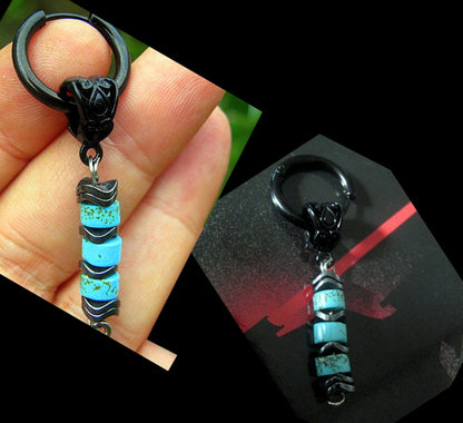 Men Earring African blue Turquoise & Hematite stone,Dangle Hoop/ clip on black, stone Handmade earring men gift