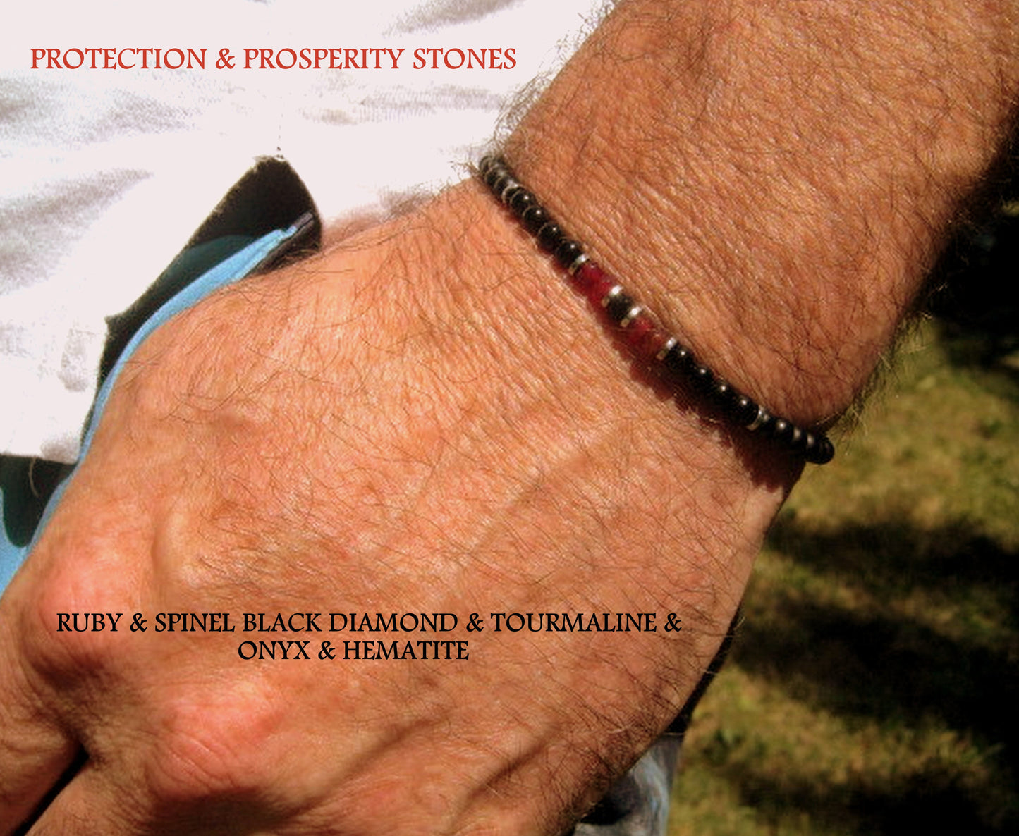 Men tiny RUBY Onyx Tourmaline Hematite Black Diamond Spinel bracelet, protection precious stone handmade slim bracelet men gift