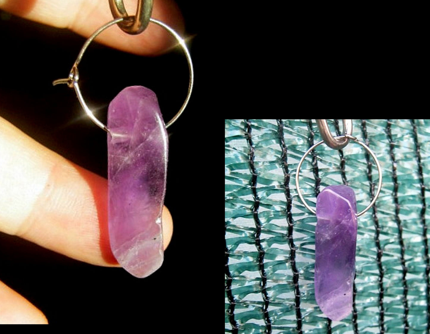 Men Earring AMETHYST stone pendant Dangle Hoop/ clip on black, mono single unisex  stone Handmade earring men gift