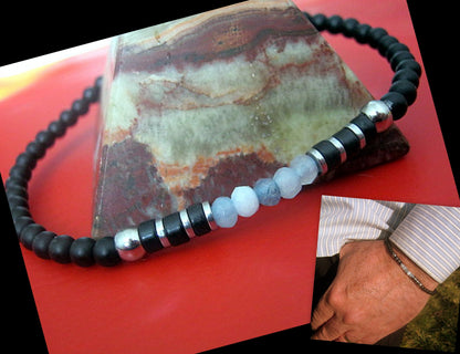 Men tiny AQUAMARINE Angelite Tourmaline Onyx  Black Diamond Spinel Hematite bracelet, protection precious stone handmade slim bracelet men gift