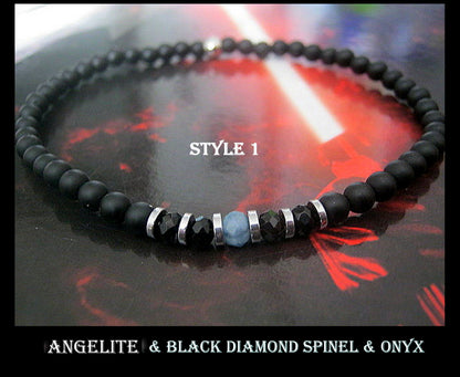 Men tiny Angelite AQUAMARINE Onyx Tourmaline Black Diamond Spinel Hematite bracelet, protection precious stone handmade slim bracelet men gift