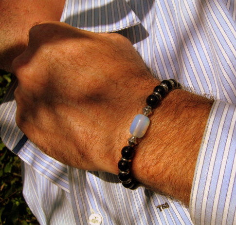 Men OPAL stone Bracelet Tourmaline Hematite Onyx Moonstone Coco wood, Handmade bracelet men gift