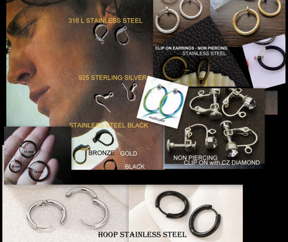 Earring RUBY & Hematite cylinder stone, spike, Dangle Hoop/ clip on black, stone Handmade earring men gift