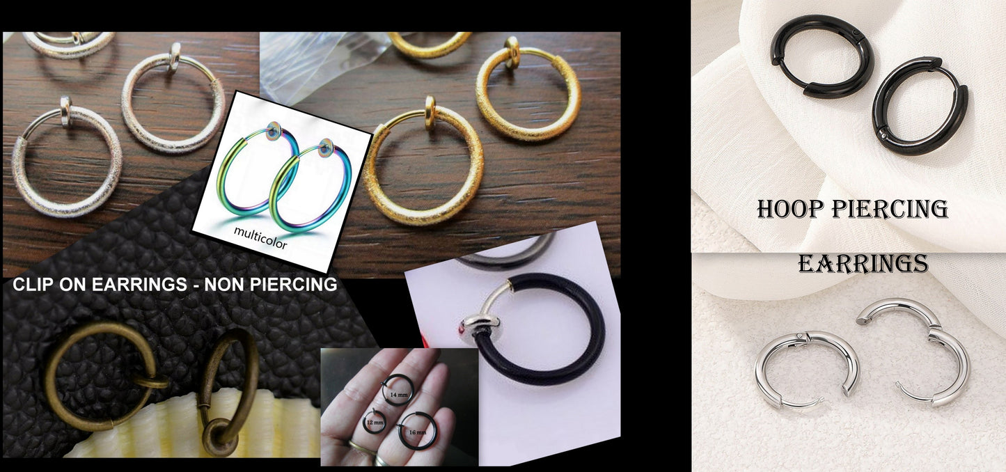 Men Earring  crystal Murano donut , Dangle Hoop/ clip on black, Handmade earring men women gift