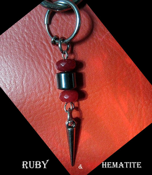 Earring RUBY & Hematite cylinder stone, spike, Dangle Hoop/ clip on black, stone Handmade earring men gift