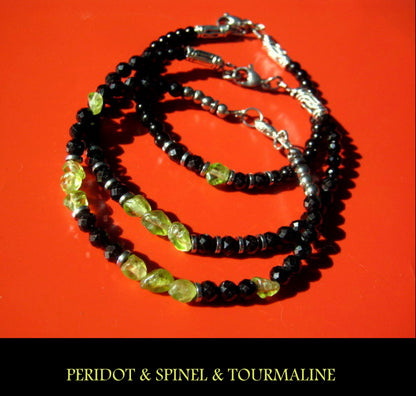 Men tiny raw PERIDOT green Black Diamond Spinel Tourmaline bracelet, protection precious stone Handmade slim bracelet men gift