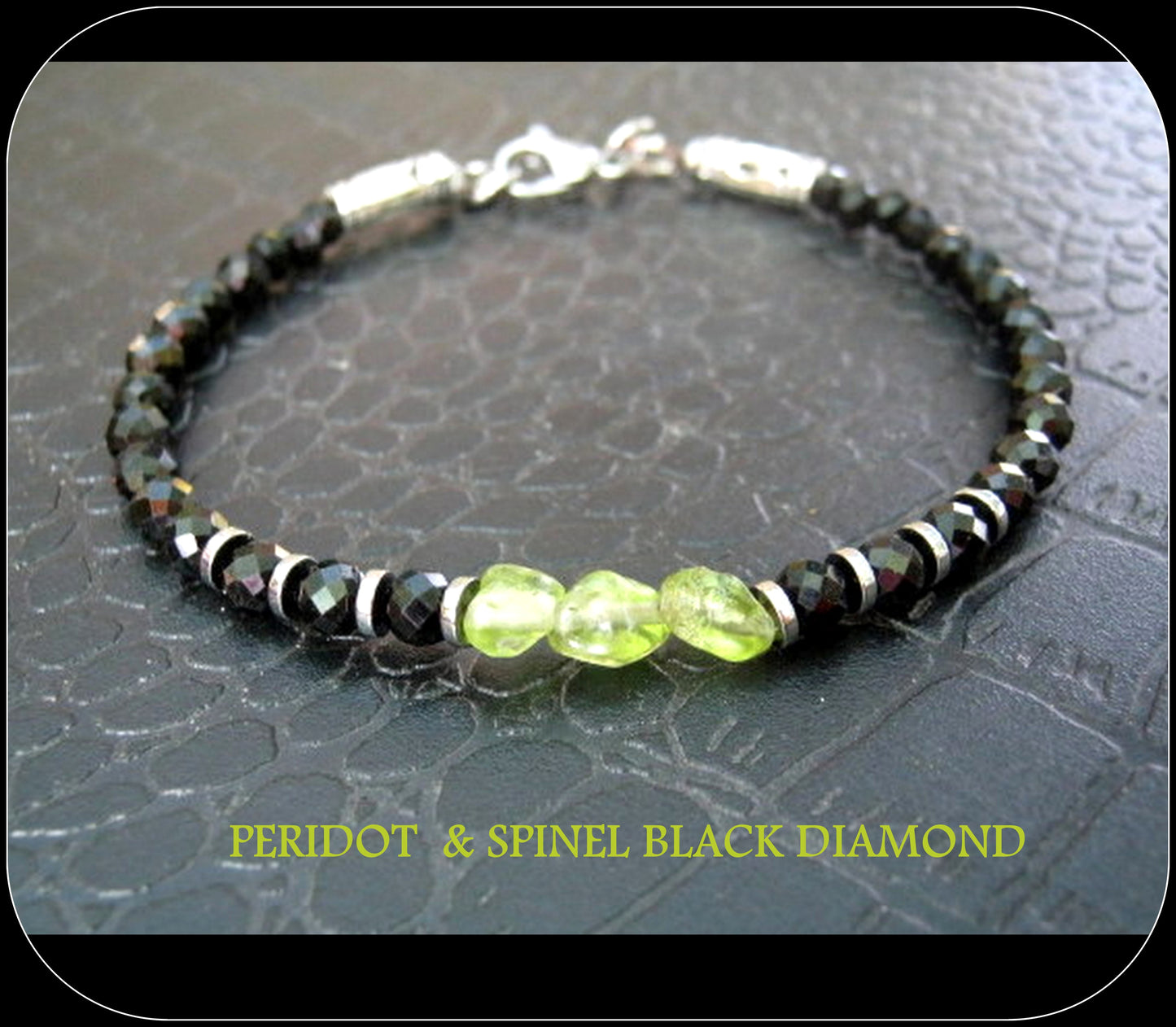 Men tiny raw PERIDOT green Black Diamond Spinel Tourmaline bracelet, protection precious stone Handmade slim bracelet men gift