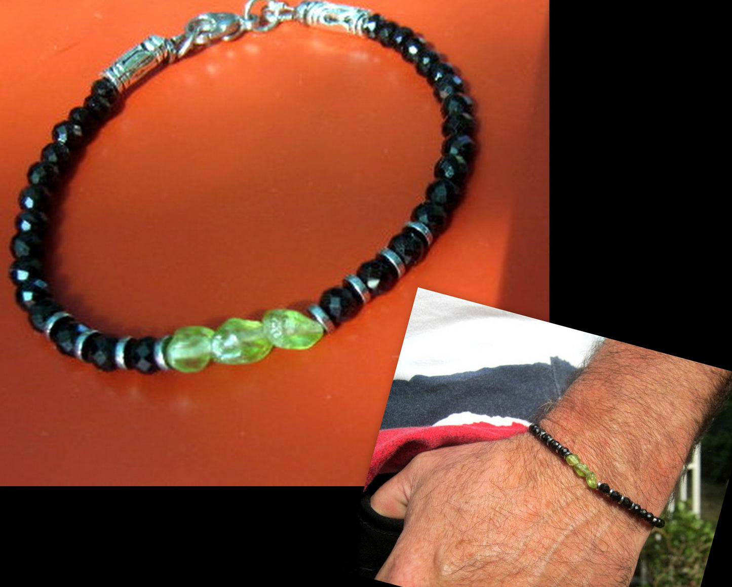 Men tiny raw PERIDOT green Black Diamond Spinel Tourmaline bracelet, protection precious stone Handmade slim bracelet men gift