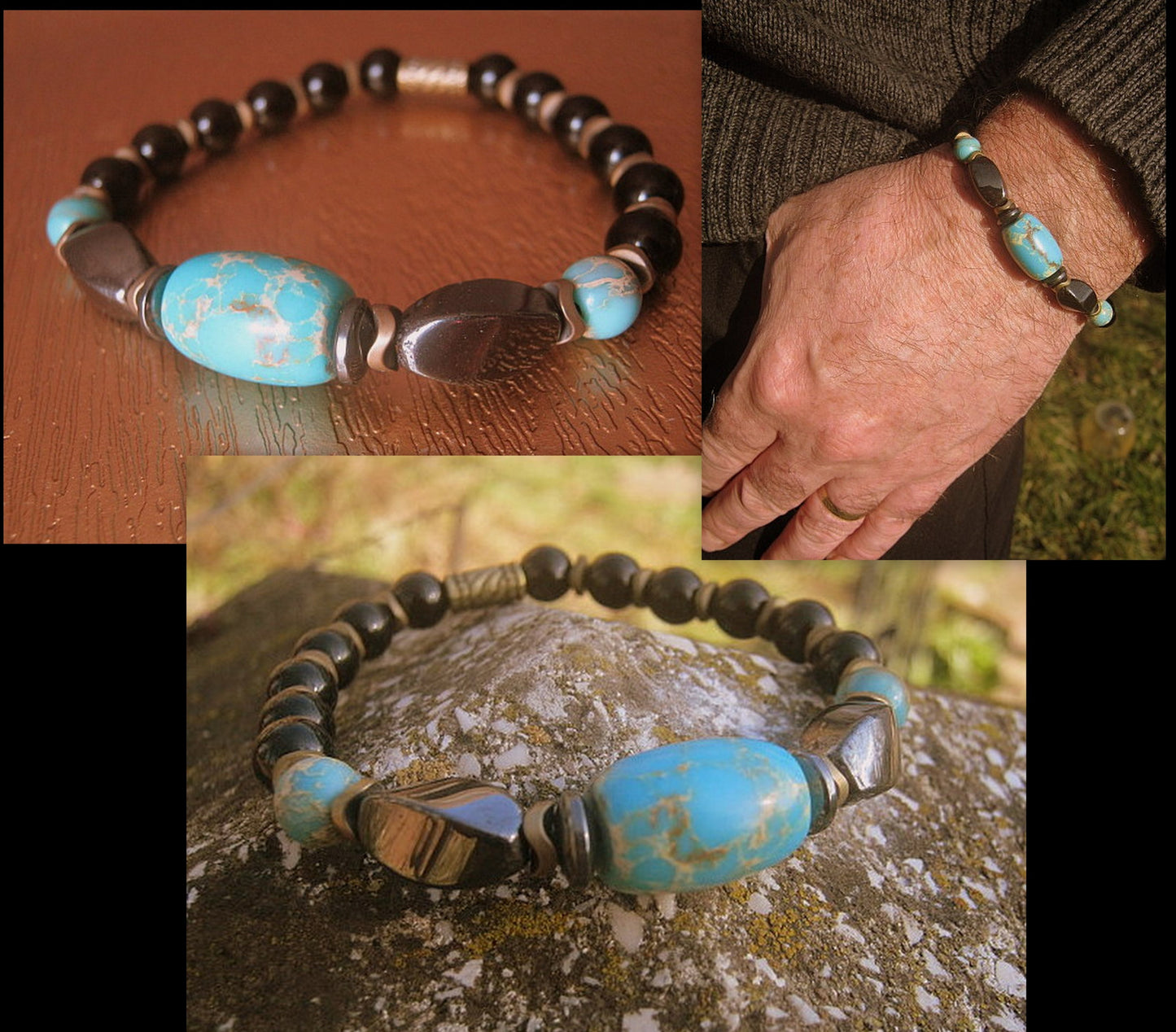 Men Bracelet blue African Opal Hematite Onyx, spiritual jewelry Mala Protection Bracelet Healing stone, handmade bracelet men gift