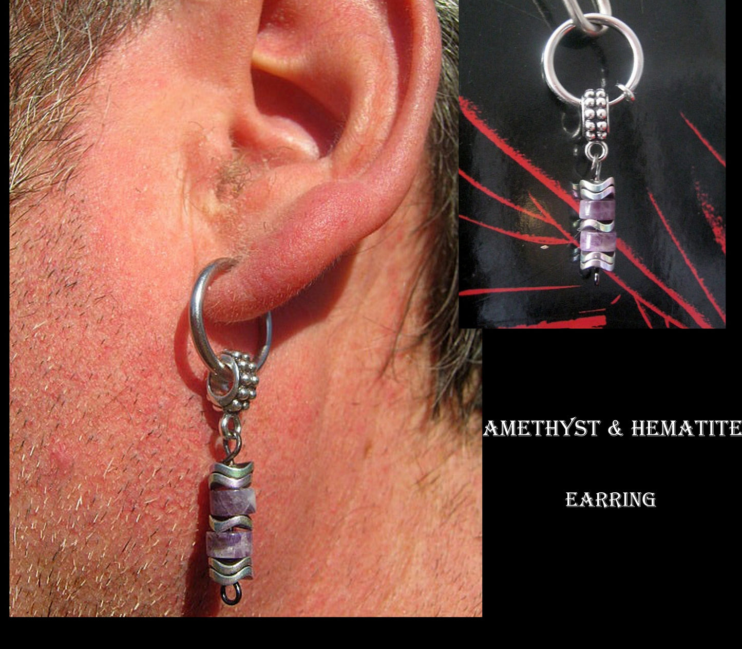 Men Earring AMETHYST heishi & Hematite stone, Dangle Hoop/ clip on black, mono single unisex  stone Handmade earring men gift