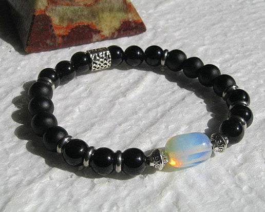 CAMELYS MAGIC 4 MEN - Men stone Opal Bracelet Tourmaline Hematite Onyx Moonstone Coco wood, Handmade bracelet men gift