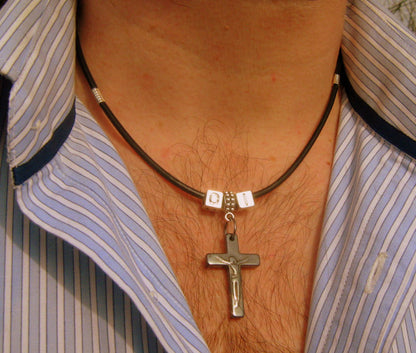 Men Hematite CROSS Pendant custom Necklace Leather. Religious protection CROSS pendant, handmade necklace Men Gift