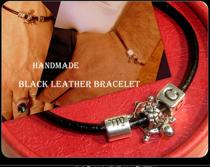 Men silver charm TURTLE custom cord /Leather Bracelet, Stack slim protection Handmade bracelet men gift