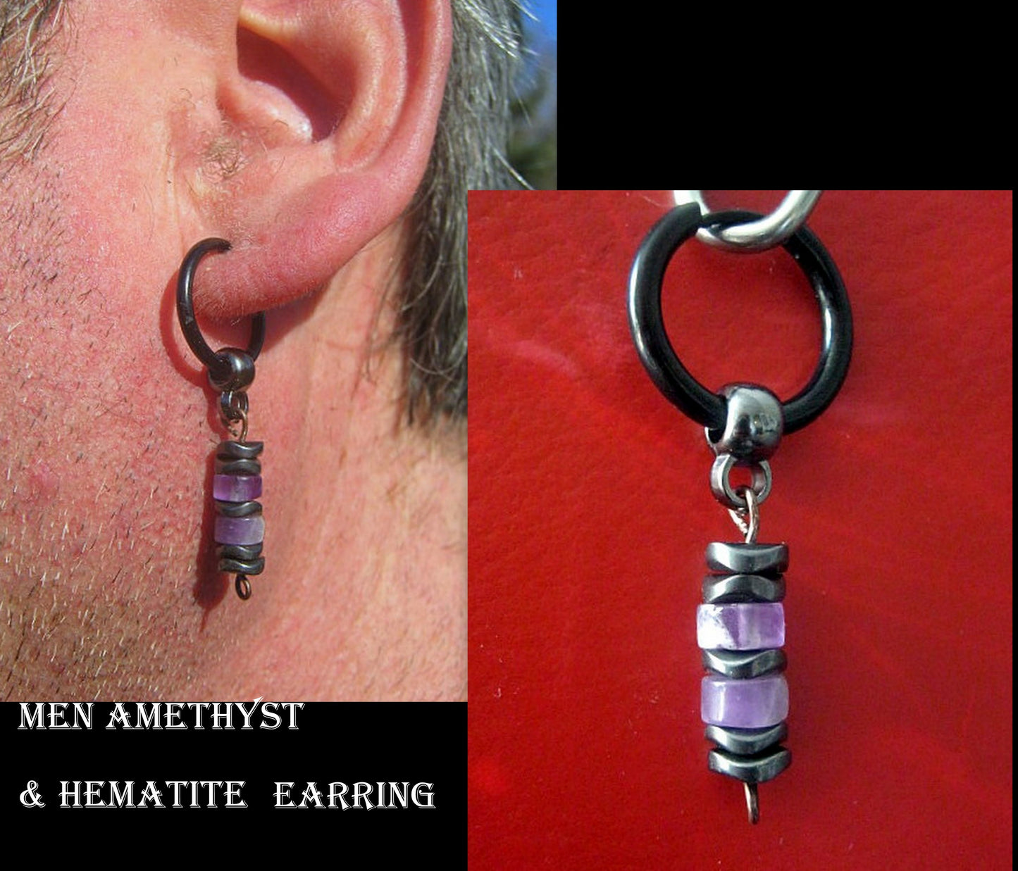 Men Earring AMETHYST heishi & Hematite stone, Dangle Hoop/ clip on black, mono single unisex  stone Handmade earring men gift