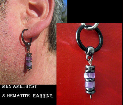 Men Earring AMETHYST heishi & Hematite stone, Dangle Hoop/ clip on black, mono single unisex  stone Handmade earring men gift