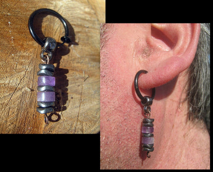 Men Earring AMETHYST heishi & Hematite stone, Dangle Hoop/ clip on black, mono single unisex  stone Handmade earring men gift