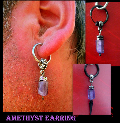 Men Earring AMETHYST stone & Hematite stone, Dangle Hoop/ clip on black, mono single unisex  stone Handmade earring men gift