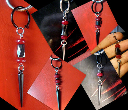 Earring RUBY & Hematite cylinder stone, spike, Dangle Hoop/ clip on black, stone Handmade earring men gift
