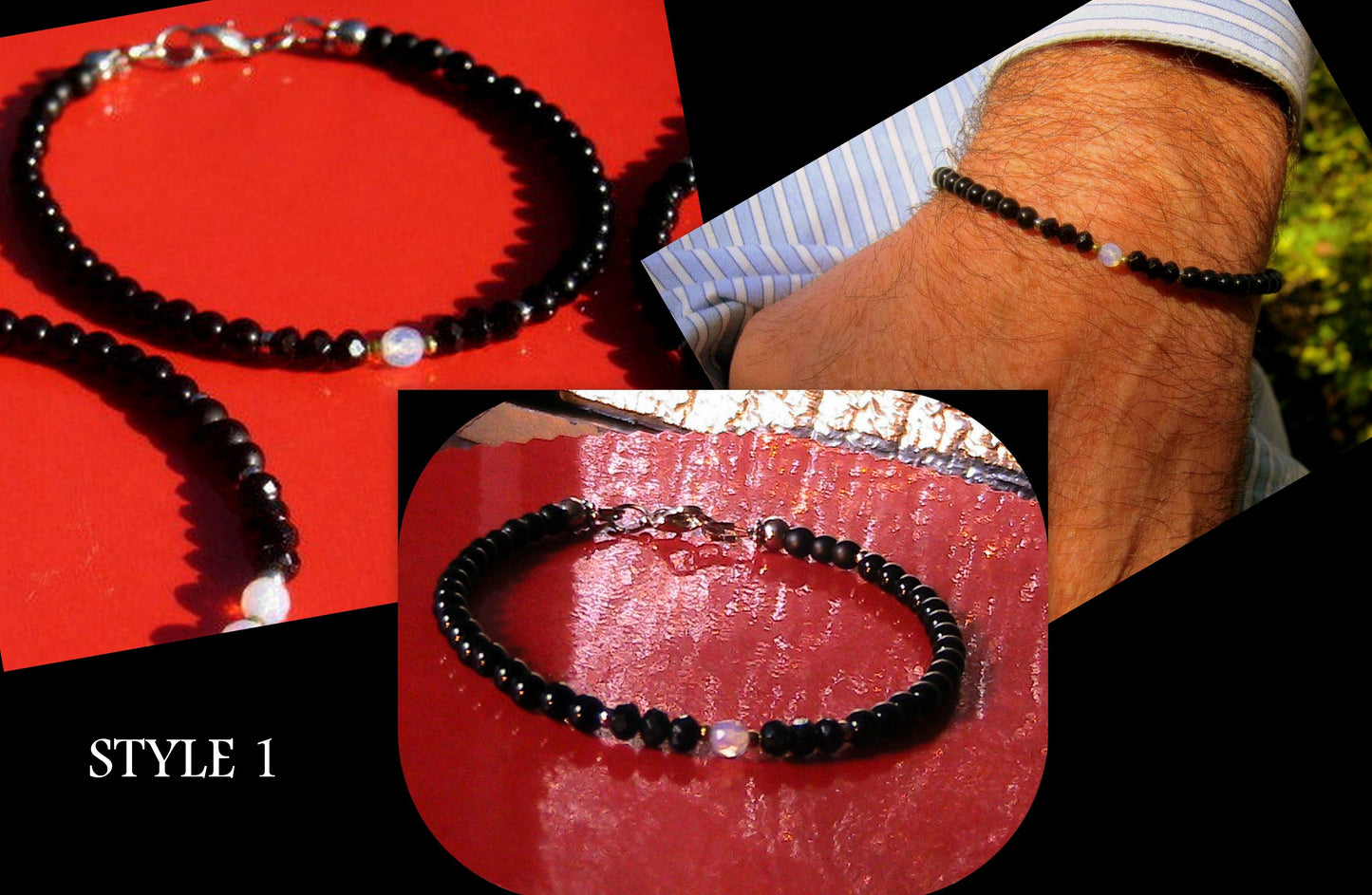 Men tiny OPAL Moonstone Onyx Tourmaline Spinel Black Diamond bracelet, protection precious which stone handmade slim bracelet men gift