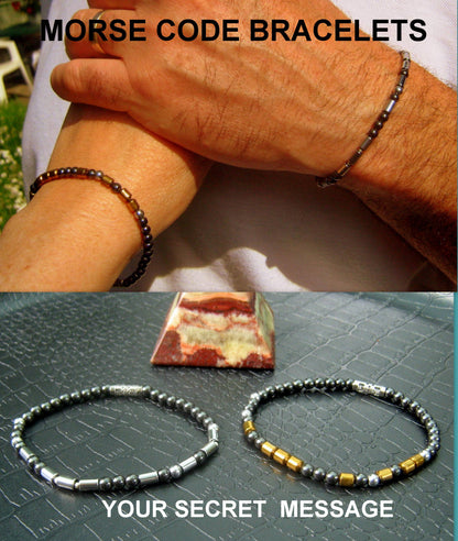 Custom MORSE CODE men/women hematite Bracelet, I love you Secret Message, Healing protection gemstone Men handmade slim bracelet Men gift