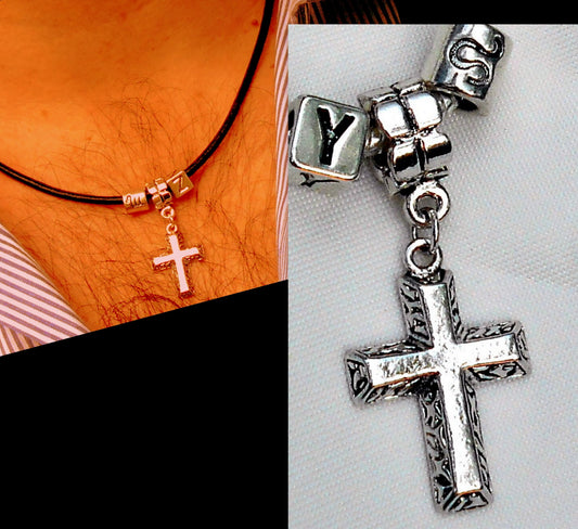 Men tibetan silver CROSS Pendant custom Necklace Leather. Religious protection CROSS pendant, handmade necklace Men Gift