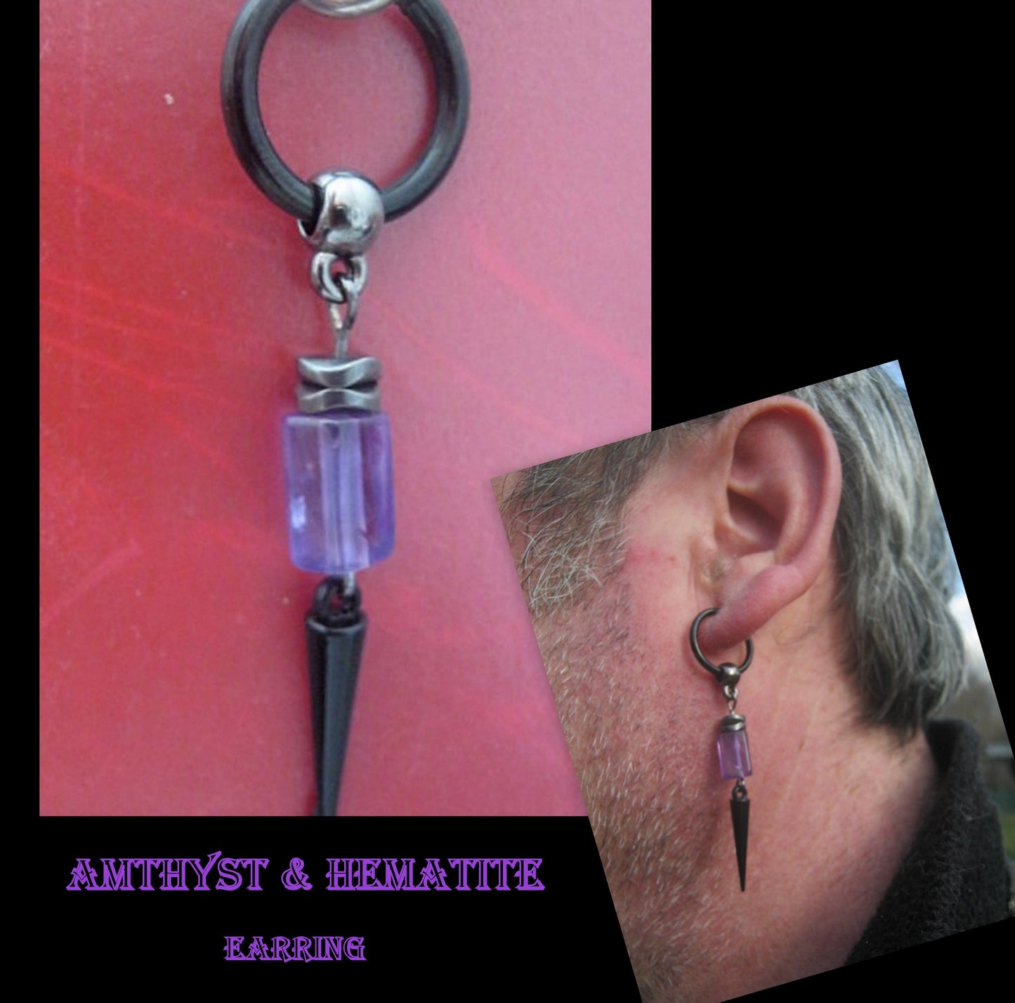 Men Earring AMETHYST stone & Hematite stone, Dangle Hoop/ clip on black, mono single unisex  stone Handmade earring men gift