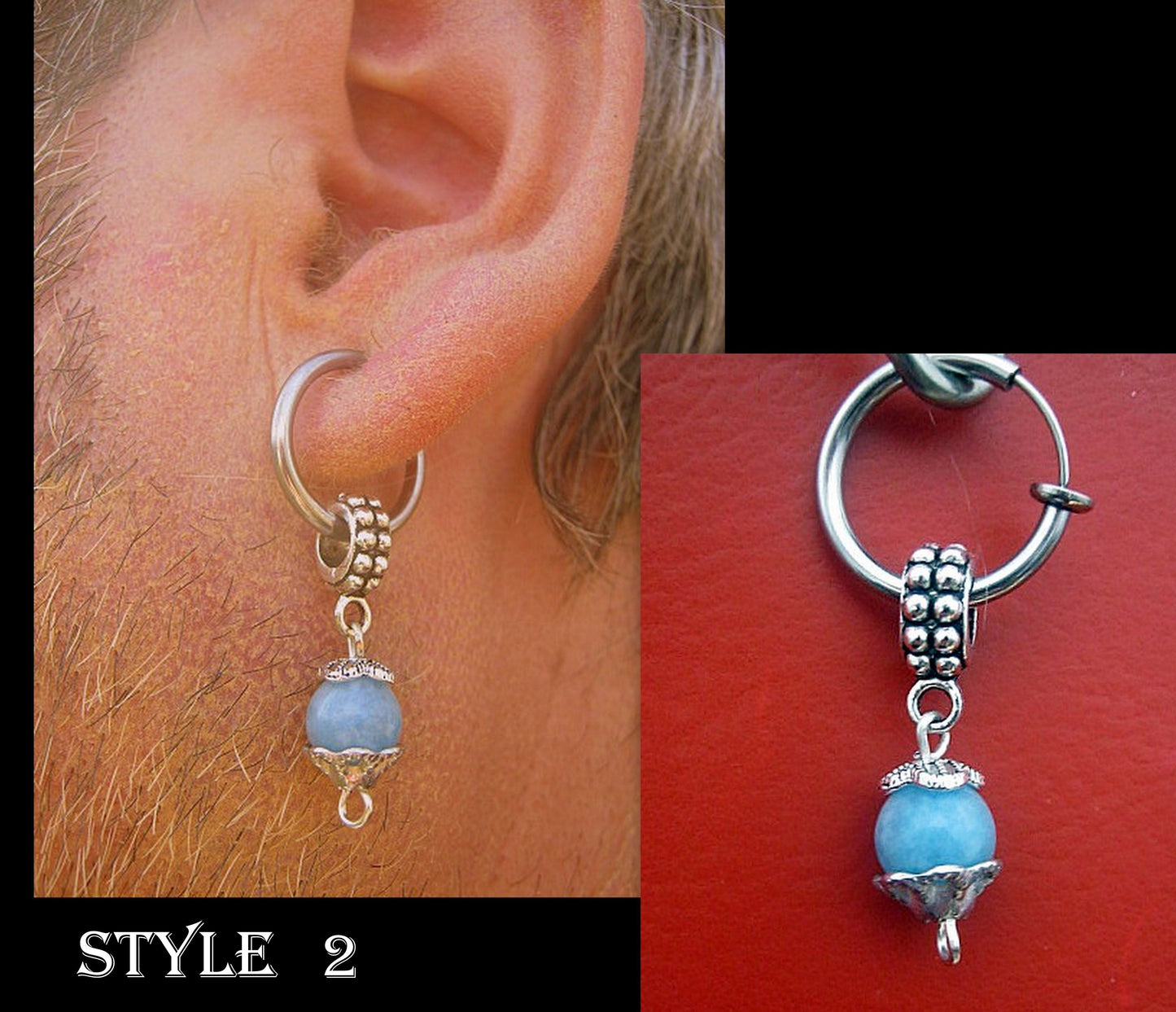 Men black ONYX Earring & AQUAMARINE stone, Dangle Hoop/ clip on , Stainless steel , Handmade earring men gift